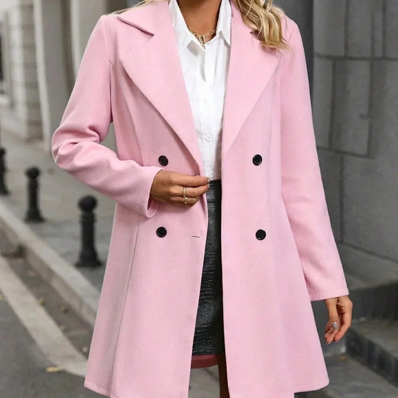 Pink Casual Women's Notched Lapel Double Breasted Coat - Picture 2 of 5